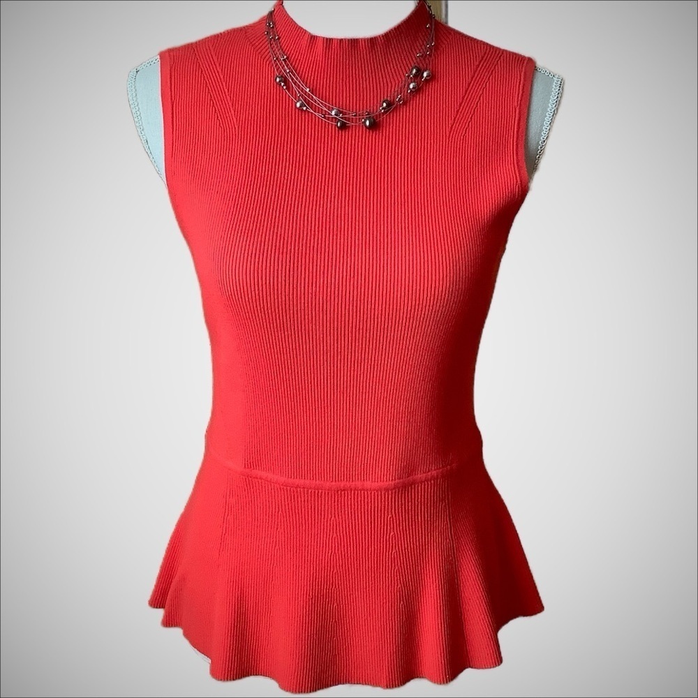 TALBOTS Red Ribbed Knit Peplum Sweater Vest Mock Neck Petite MP